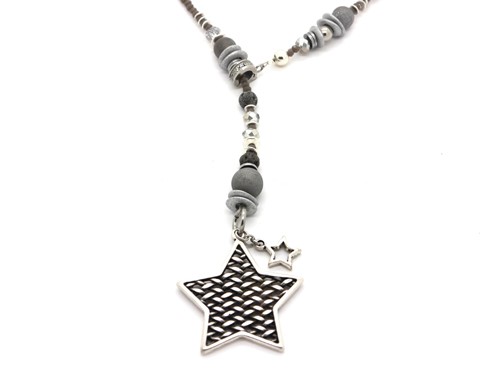 Halskette lang, 800 mm, grau/silber mit Stern