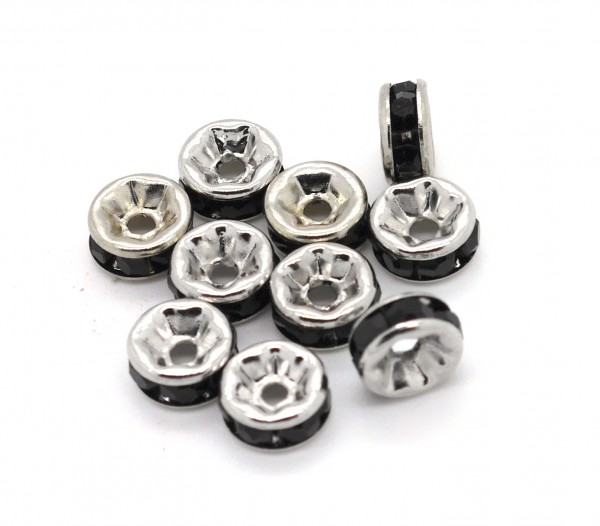 10 Strass Rondelle, 6 mm, silber/schwarz