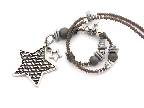 Halskette lang, 800 mm, grau/silber mit Stern