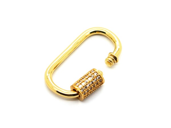 Karabiner mit Zirkonia, 29x17 mm, Messing, goldfarbig
