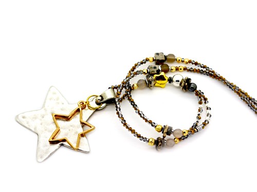 Halskette lang, 820-850 mm, grau/silber/gold mit Stern