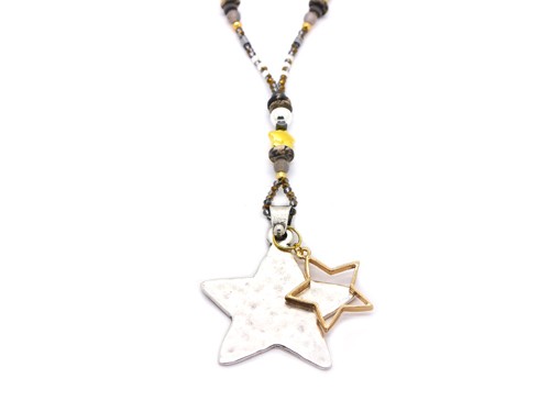 Halskette lang, 820-850 mm, grau/silber/gold mit Stern