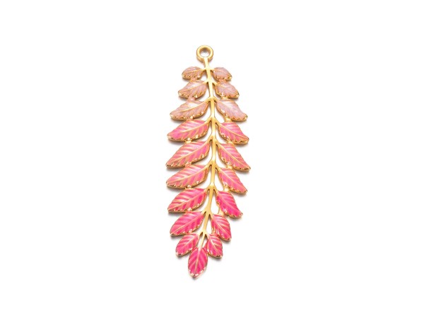 Anhänger Blatt, Emaille, 60 mm, vergoldet - pink