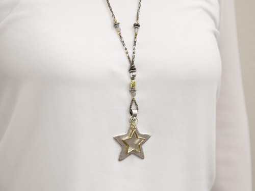 Halskette lang, 820-850 mm, grau/silber/gold mit Stern