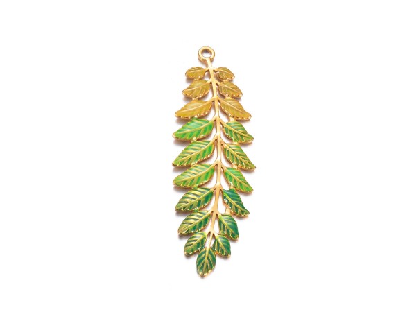 Anhänger Blatt, Emaille, 60 mm, vergoldet - grün