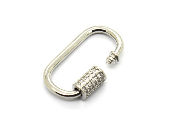 Karabiner mit Zirkonia, 29x17 mm, Messing, silberfarbig