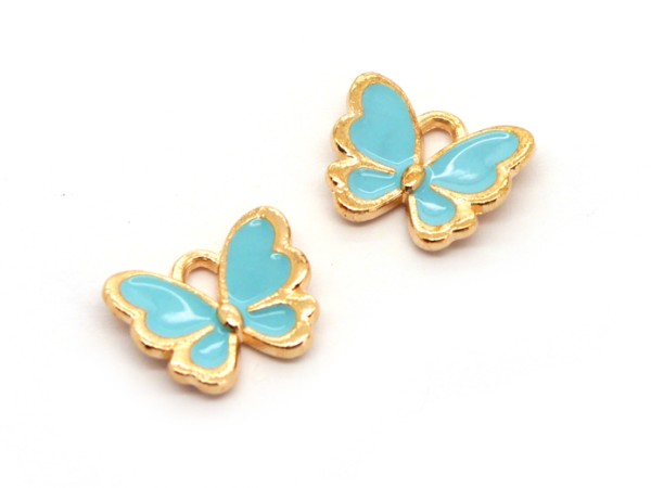 Anhänger/Charm Schmetterling, 13 mm, gold/türkis