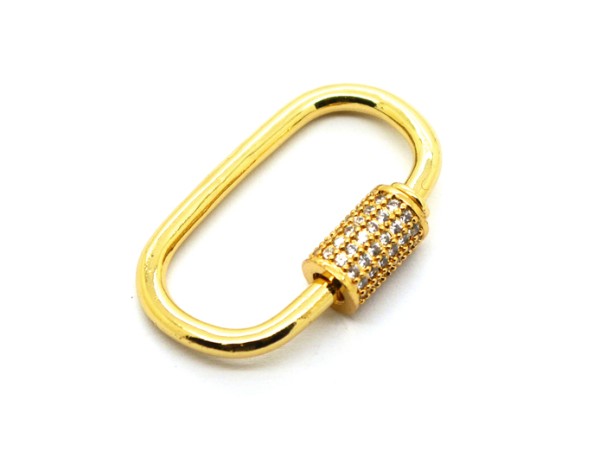 Karabiner mit Zirkonia, 29x17 mm, Messing, goldfarbig